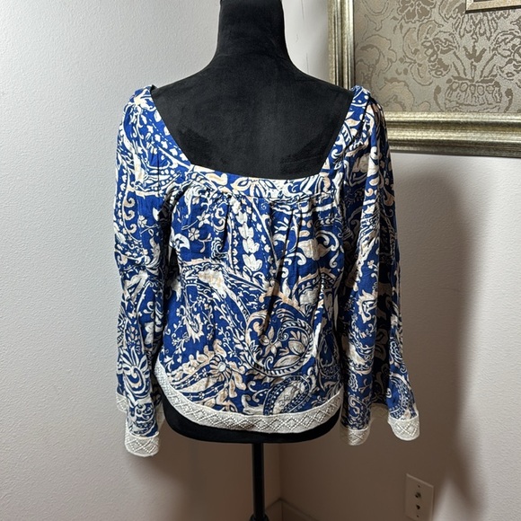 Nicole Miller New York Boho linen top bell sleeves square collar blouse Sz M - Picture 4 of 8